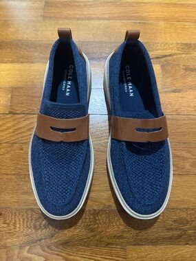 Cole Haan Navy Knit Slip-On Loafers with Brown Leather Strap